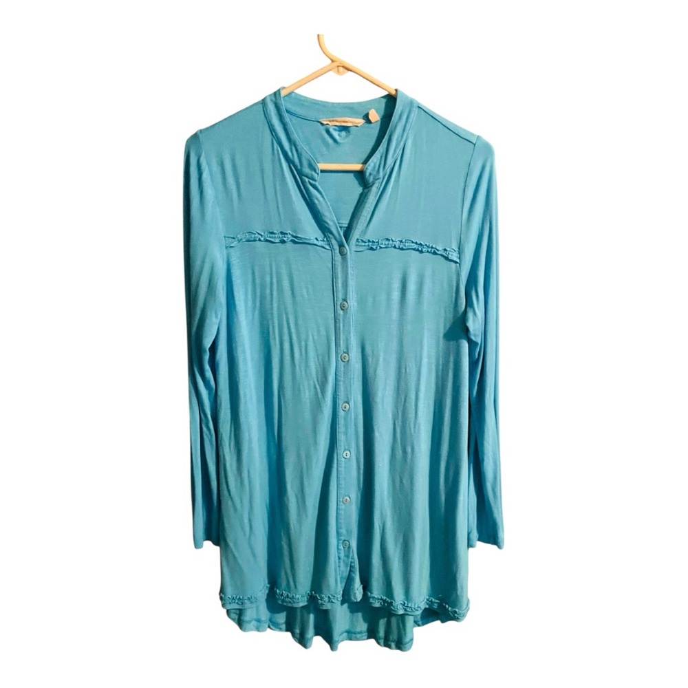 Women’s Soft Surroundings Blue Long Sleeve Button Down Shirt With Ruffles On Hem